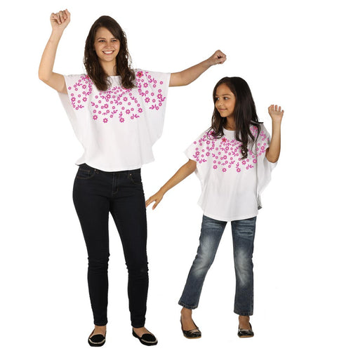 Flower White Kimono sleeve printed knitted top for mom daughter