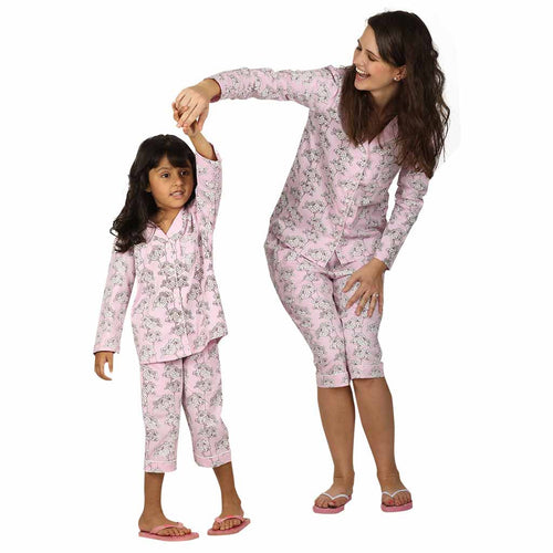 Pink Floral Capri Style Sleepwear Set For Mom & Daughter