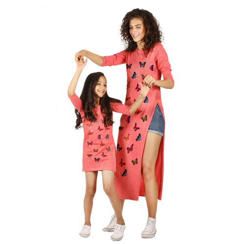 Coral high slit butterfly print long knitted top for mom & daughter