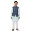 Aqua blue abstract bandi with pastel green kurta and white pyjama set for father-son