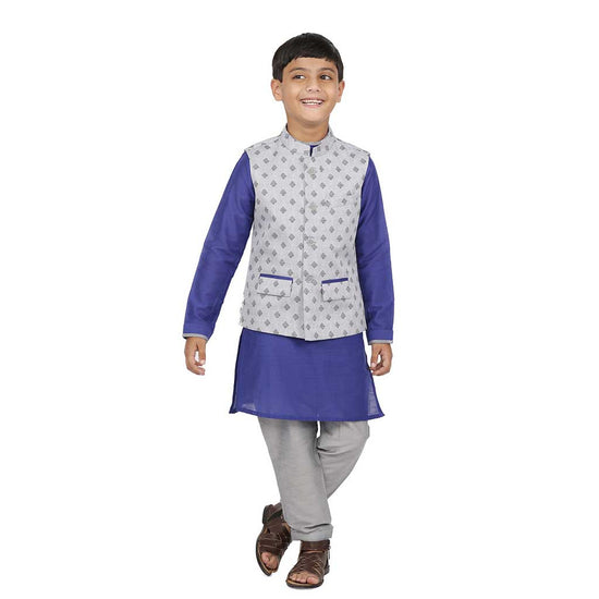 Grey printed bandi with blue kurta & pyjama for father-son