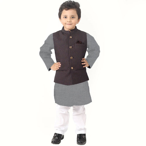 Navy Printed Bandi With Kurta And Pyjama Set For Son