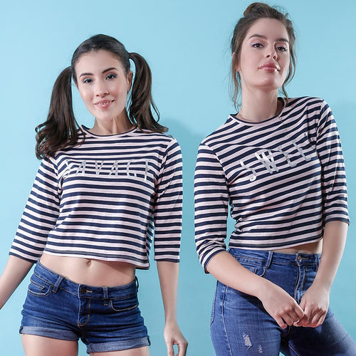 Savage/Sweet, Matching Black And pink Striped Crop Tops For Bffs