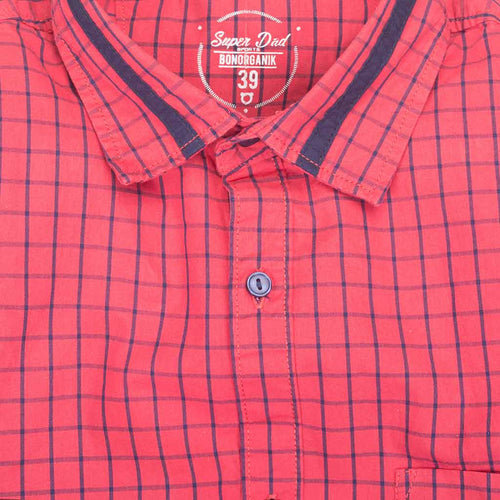 Red/blue checks button down collar shirt for father son