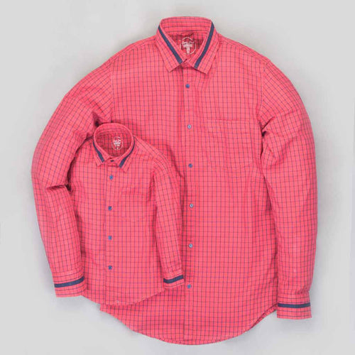 Red/blue checks button down collar shirt for father son