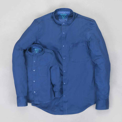 Blue Cotton Satin Mandarin collar Shirt For Father/Son