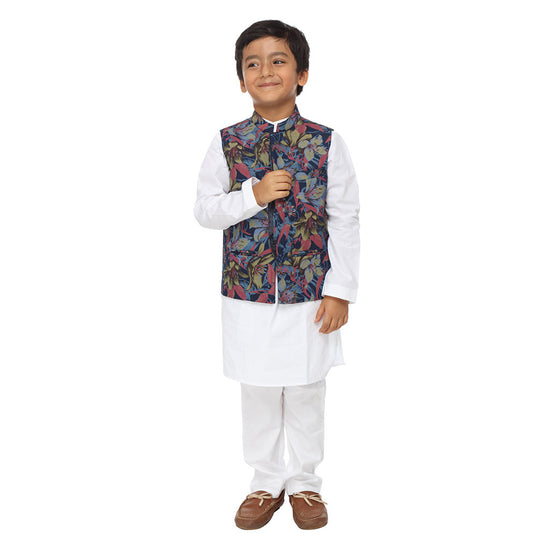 Floral tropical print navy blue bandi with white kurta pyjama set for father-son
