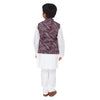 Tropical print grey and maroon bandi with white kurta pyjama set for father-son