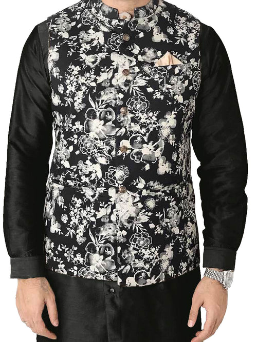 Men's Premium Black Floral Print Bandi/Ethnic Waist Coat