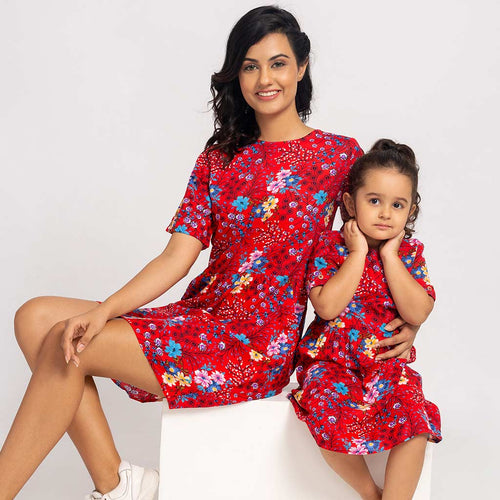 Floral Printed Midi Dress For Mom & Daughter