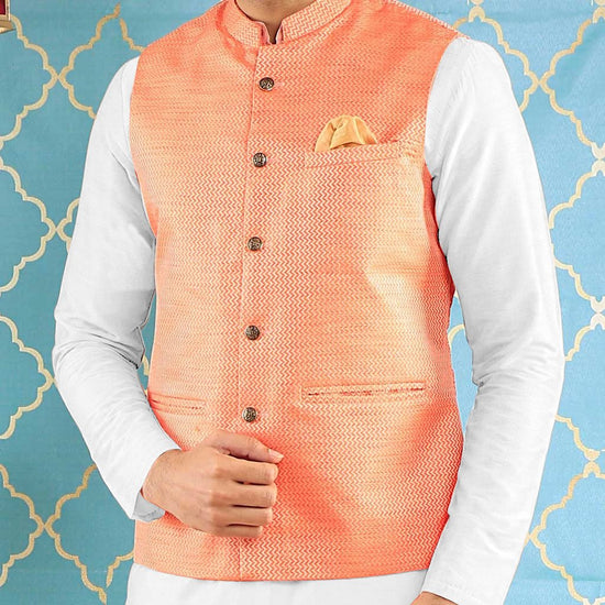 Boys Premium Peach Gold Bandi/Ethnic Waist Coat