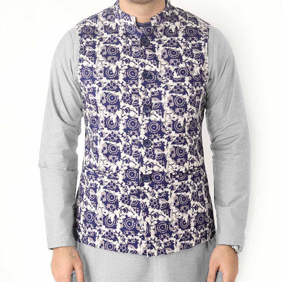 Mens Premium Navy Batik Rose Print Bandi/Ethnic Waist Coat