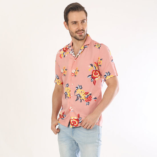 Floral Print On Pink Half Sleeves Shirts For Men