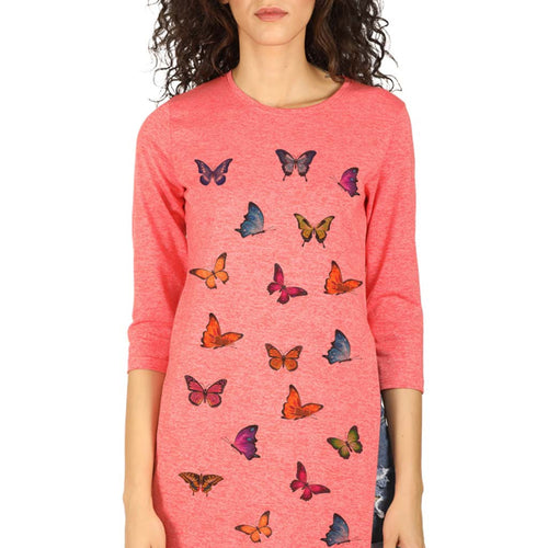 Coral high slit butterfly print long knitted top for mom & daughter