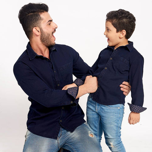 Blue With Pattern Collar, Matching Shirts For Dad And Son