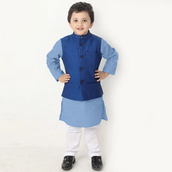 Royal Blue Bandi With Matching Chambray blue kurta/white Pyjama Set For Son