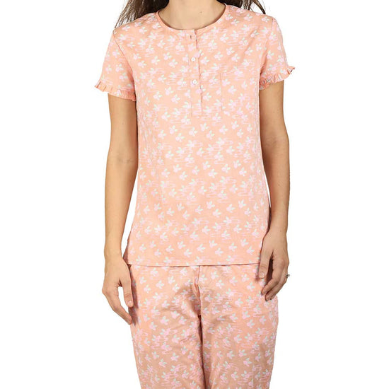 Ruffled Sleeve Peach Soft Cotton Sleepwear Set For Mom & Daughter