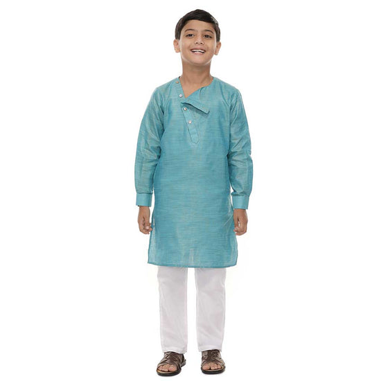 Sea blue stylised placket cotton kurta with white pyjama set for father-son