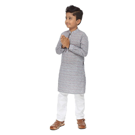 Floral print contrast placket kurta with white pyjama set for father-son