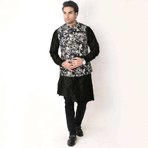Men's Premium Black Floral Print Bandi/Ethnic Waist Coat