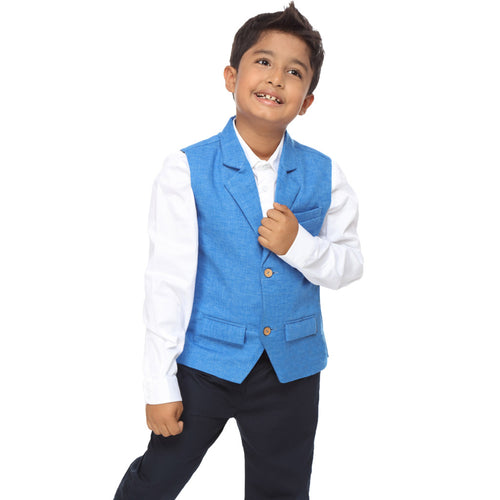 Aqua Blue notch lapel waist coat with white cotton satin shirt set for father-son
