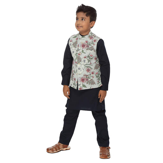Floral tropical print off-white bandi with navy blue kurta and pyjama set for father-son