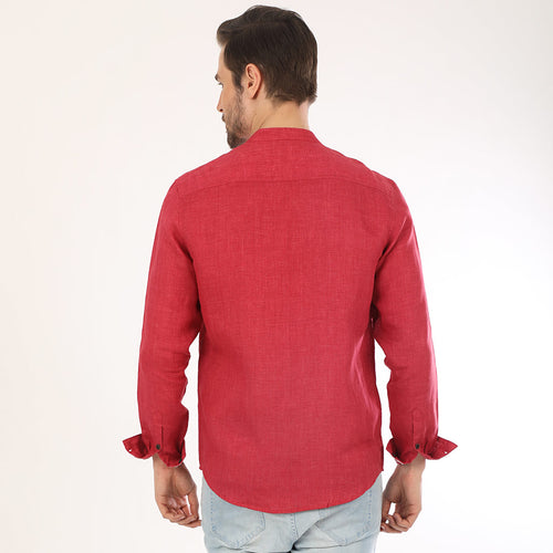 Quilted Mandarin Red Collar Linen Shirt For Dad And Son