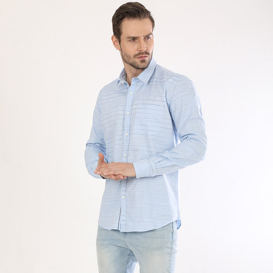 Light Blue Horizontal Stripes Full Sleeves Shirts For Men