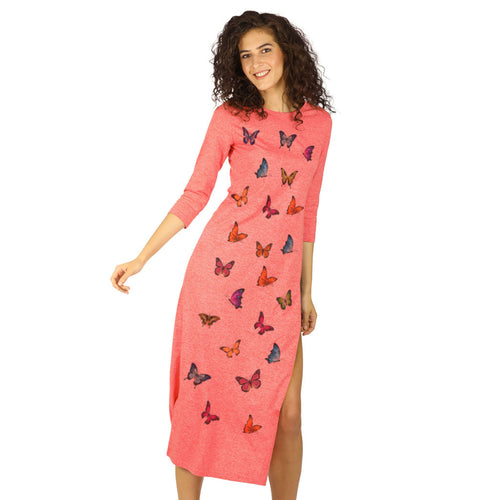 Coral high slit butterfly print long knitted top for mom & daughter