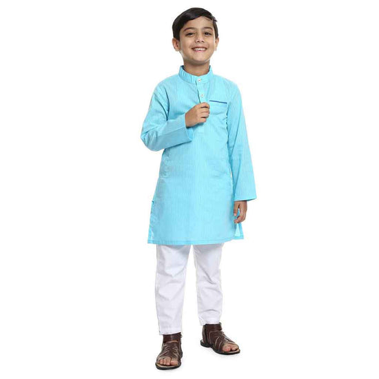 Light Turquoise kurta with white pyjama set for Father-Son