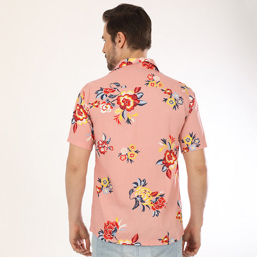 Floral Print On Pink Half Sleeves Shirts For Men