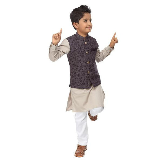 Paisley print mauve bandi with beige kurta and white pyjama set for father-son
