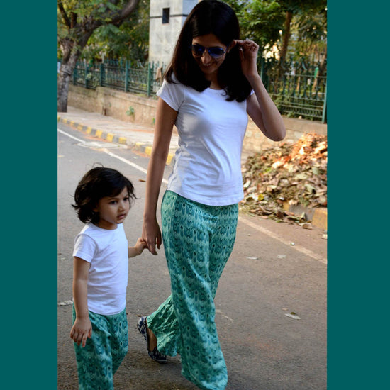 Mother-Daughter Green Pallazo Pant With White Top