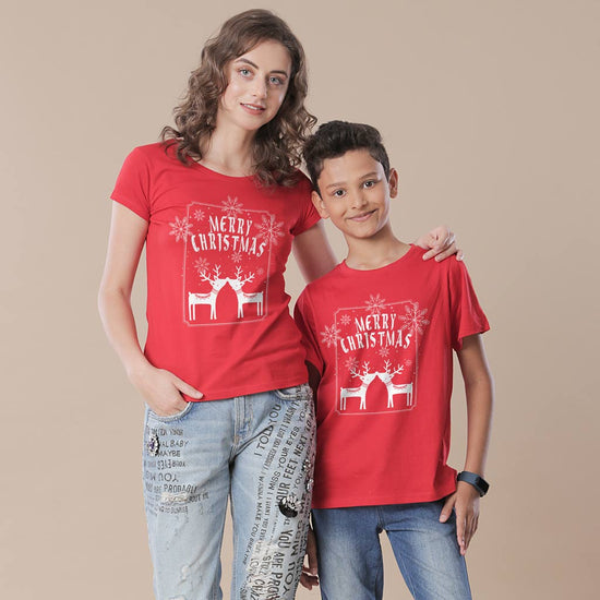 Merry Christmas Reindeer Print , Mom And Son Tees