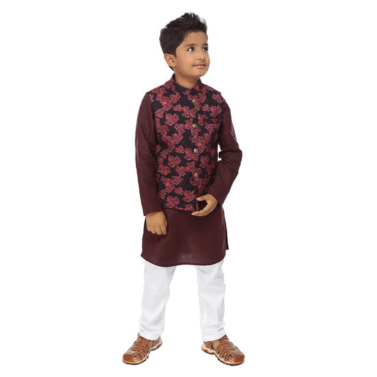 Leaf print wine red bandi and kurta with white pyjama set for father-son