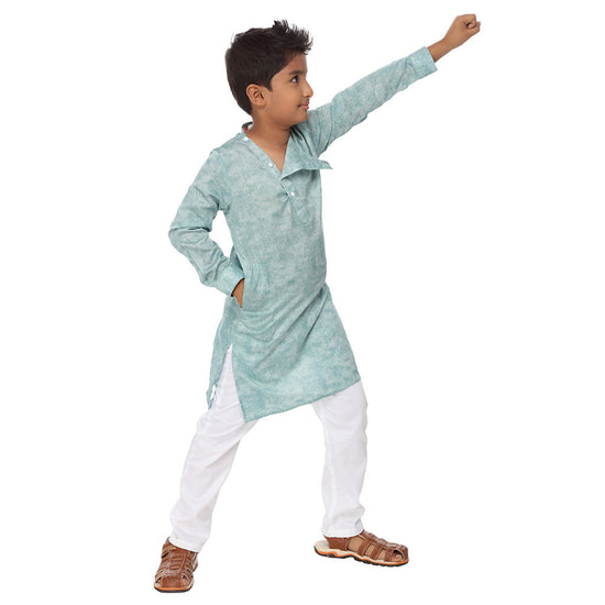 Stylised placket pastel green kurta with white pyjama set for father-son