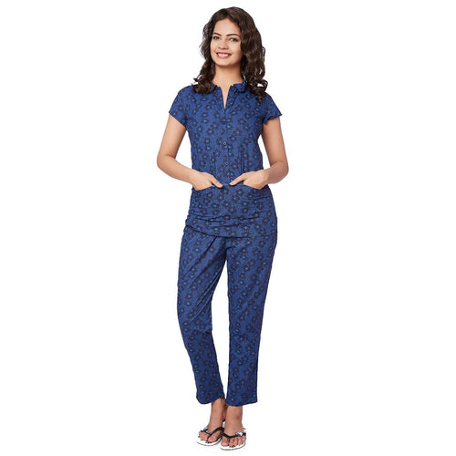 Navy Blue cotton print sleepwear set