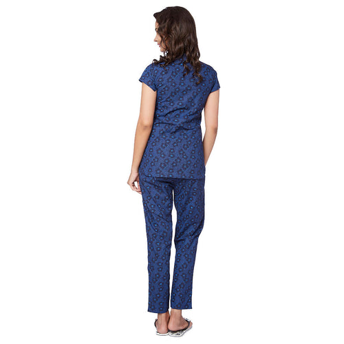 Navy Blue cotton print sleepwear set