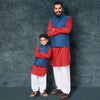 Blue bandi and Red Kurta-salwar set for father son