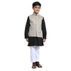 Beige Printed bandi with black kurta & white pyjama set for Father-Son