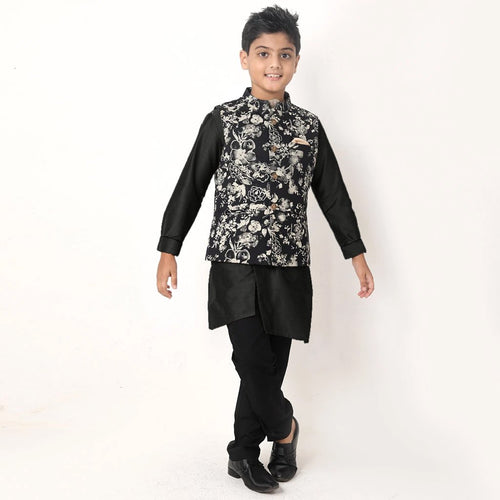 Boys Premium Black Floral Print Bandi/Ethnic Waist Coat