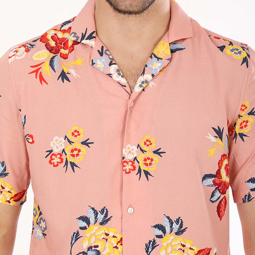 Floral Print On Pink Half Sleeves Shirts For Men