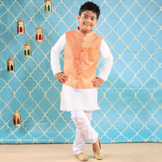 Royal Peach Bandi With White Kurta & Pyjama Set For Son