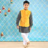 Corduroy Bandi With Sea Blue Collar Kurta & Pyjama Set For Son