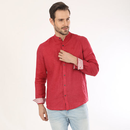 Quilted Mandarin Red Collar Linen Shirt For Dad And Son