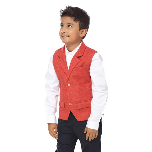 Coral notch lapel waist coat with white cotton satin shirt set for father-son