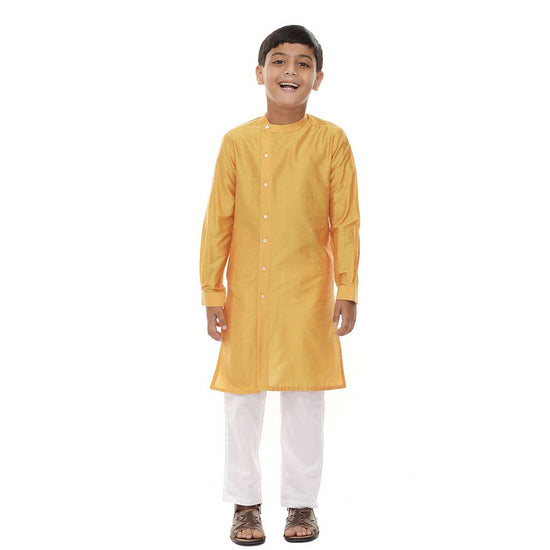 Mandarin collar yellow long kurta with white pyjama set for father-son