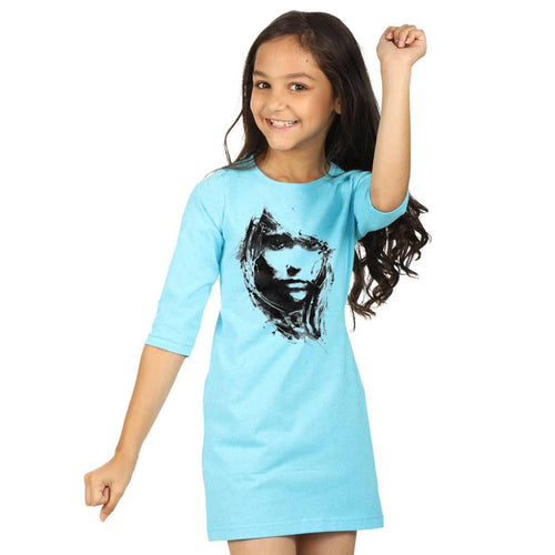 Aqua blue high slit long knitted top for mom daughter dresses for daughter