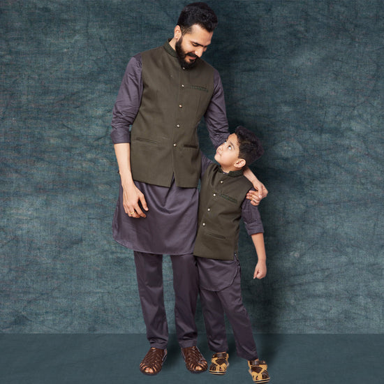 Olive green Embroidered bandi with Grey kurta pyjama set