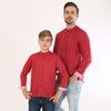 Quilted Mandarin Red Collar Linen Shirt For Father-Son